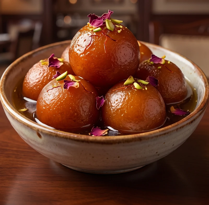 Gulab jamun soaked in cardamom syrup, an East Indian dessert in St. Vital, Winnipeg